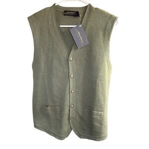 Vtg NWT Eildon Hills Green Merino Wool Button Front Sweater Vest Pockets L Prep